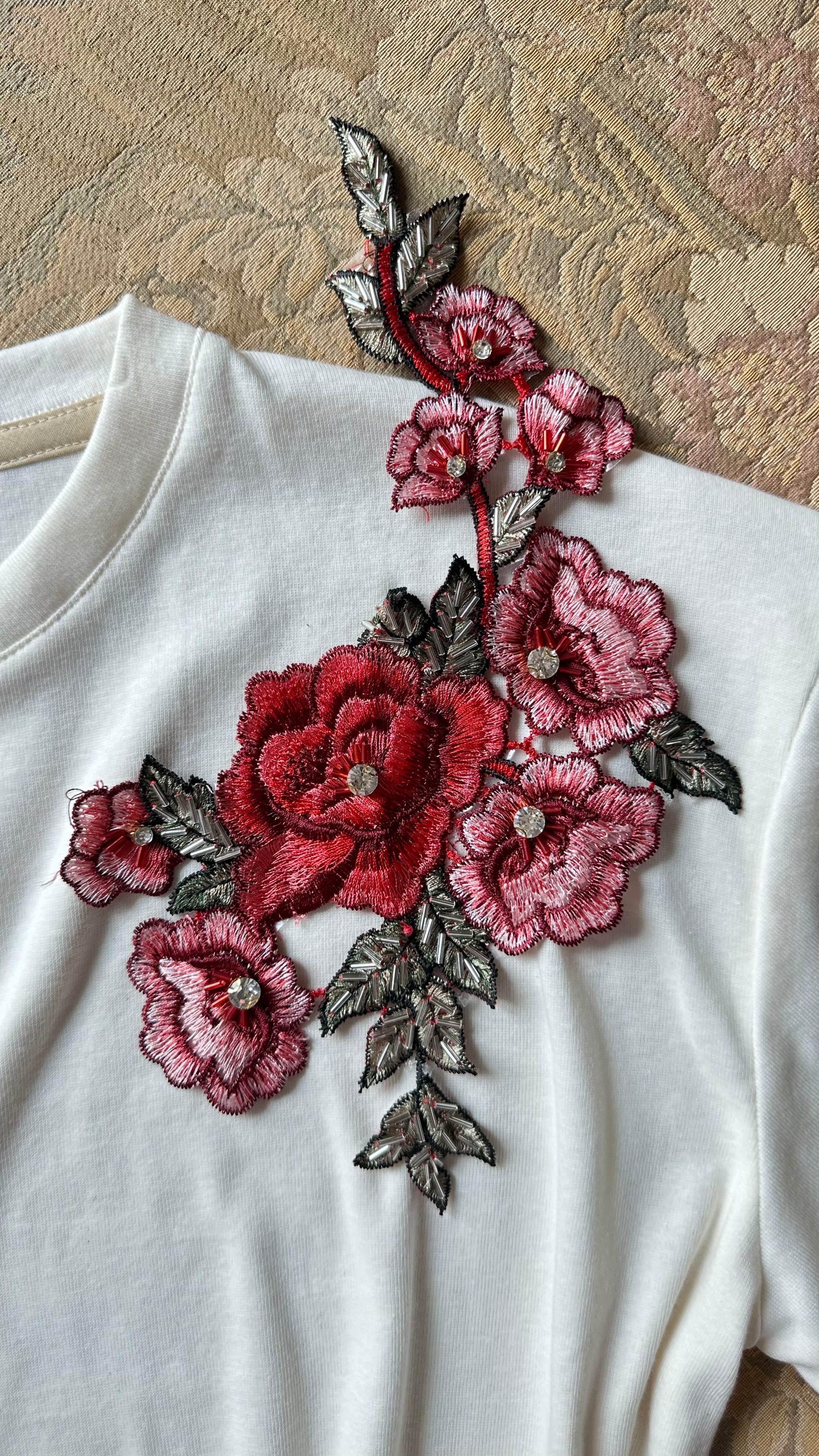 Patch broderie à coudre ou à thermocoller 8 roses perles et strass MADEINESTEL