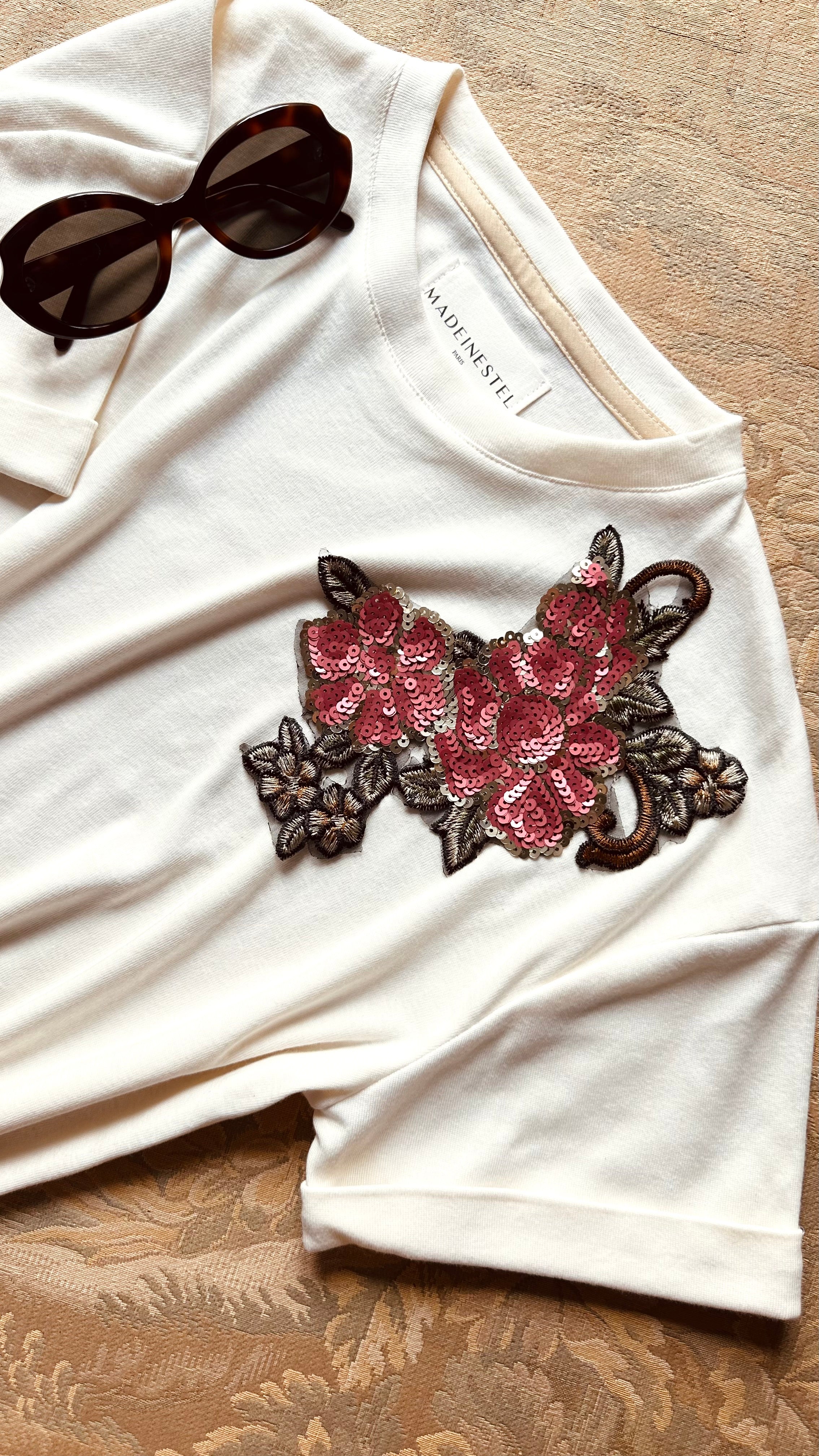 Patch broderie à coudre roses sequins MADEINESTEL