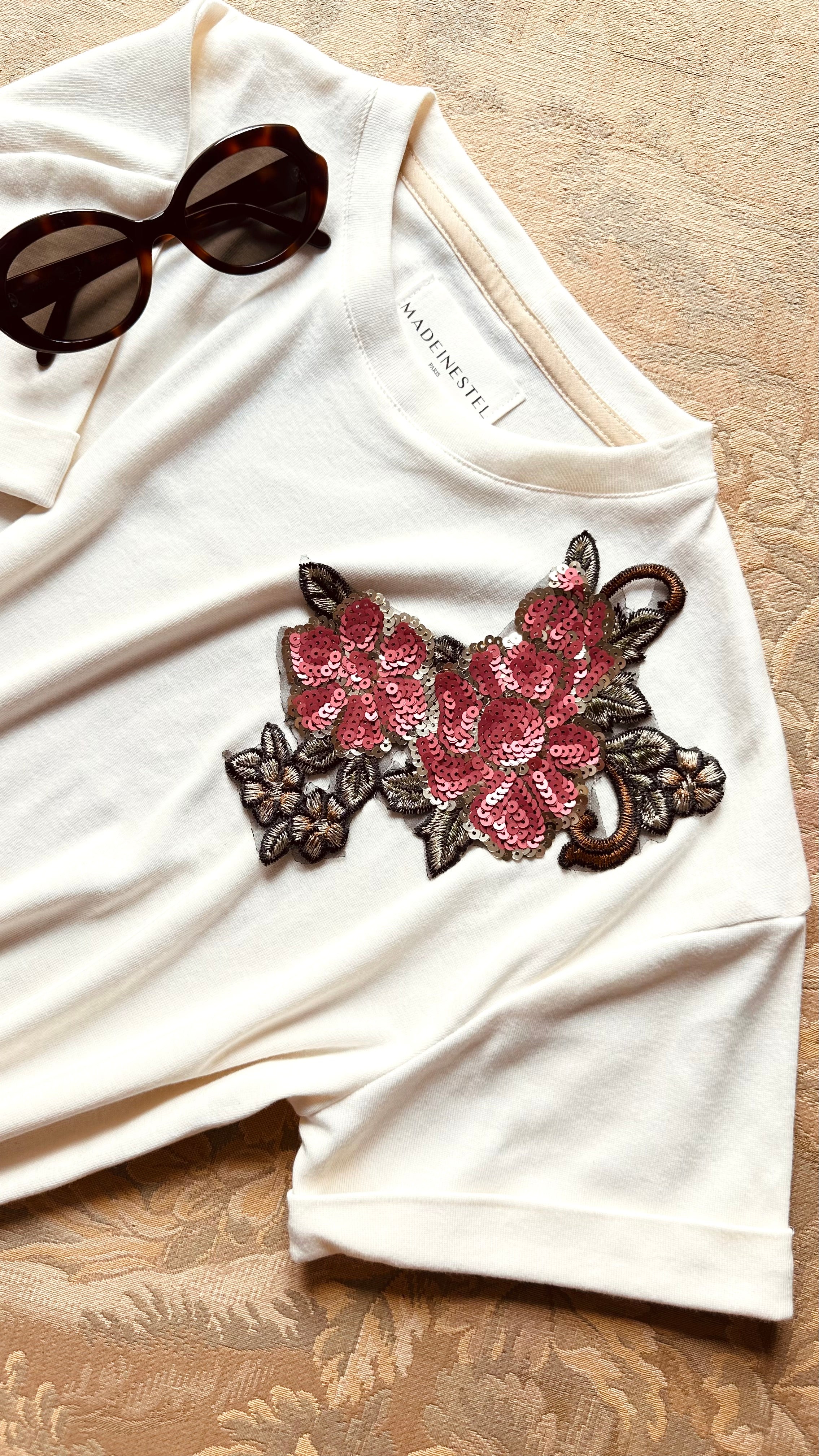 Patch broderie à coudre roses sequins MADEINESTEL