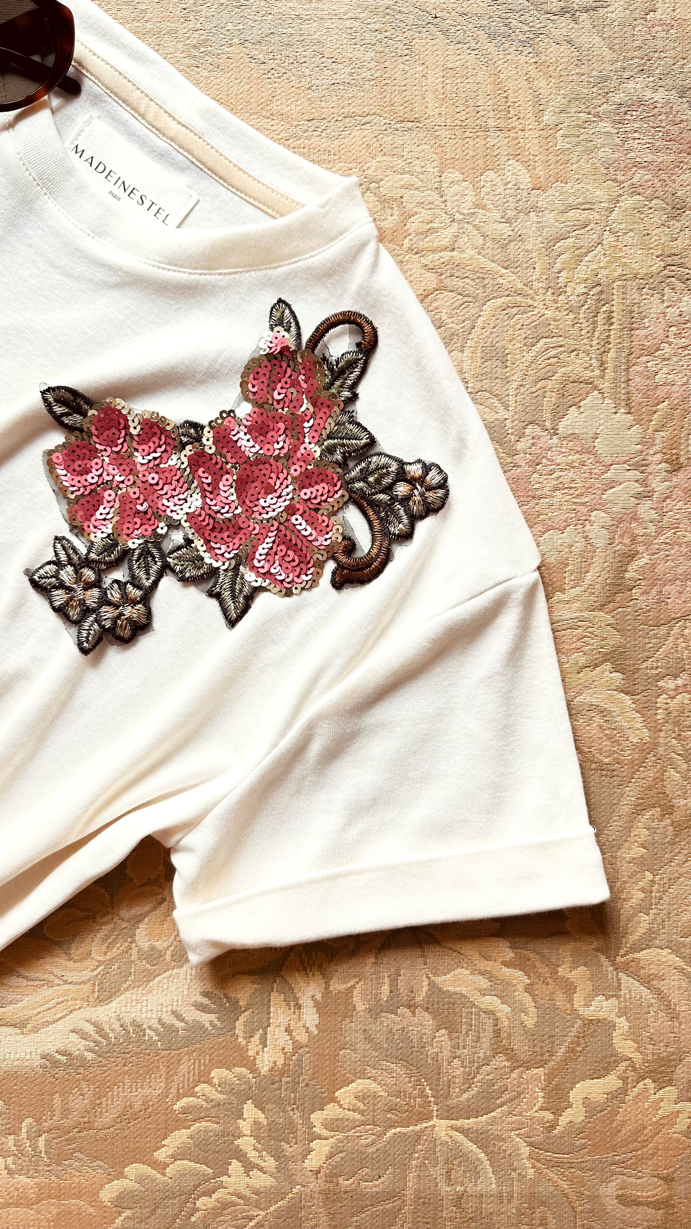 Patch broderie à coudre roses sequins MADEINESTEL