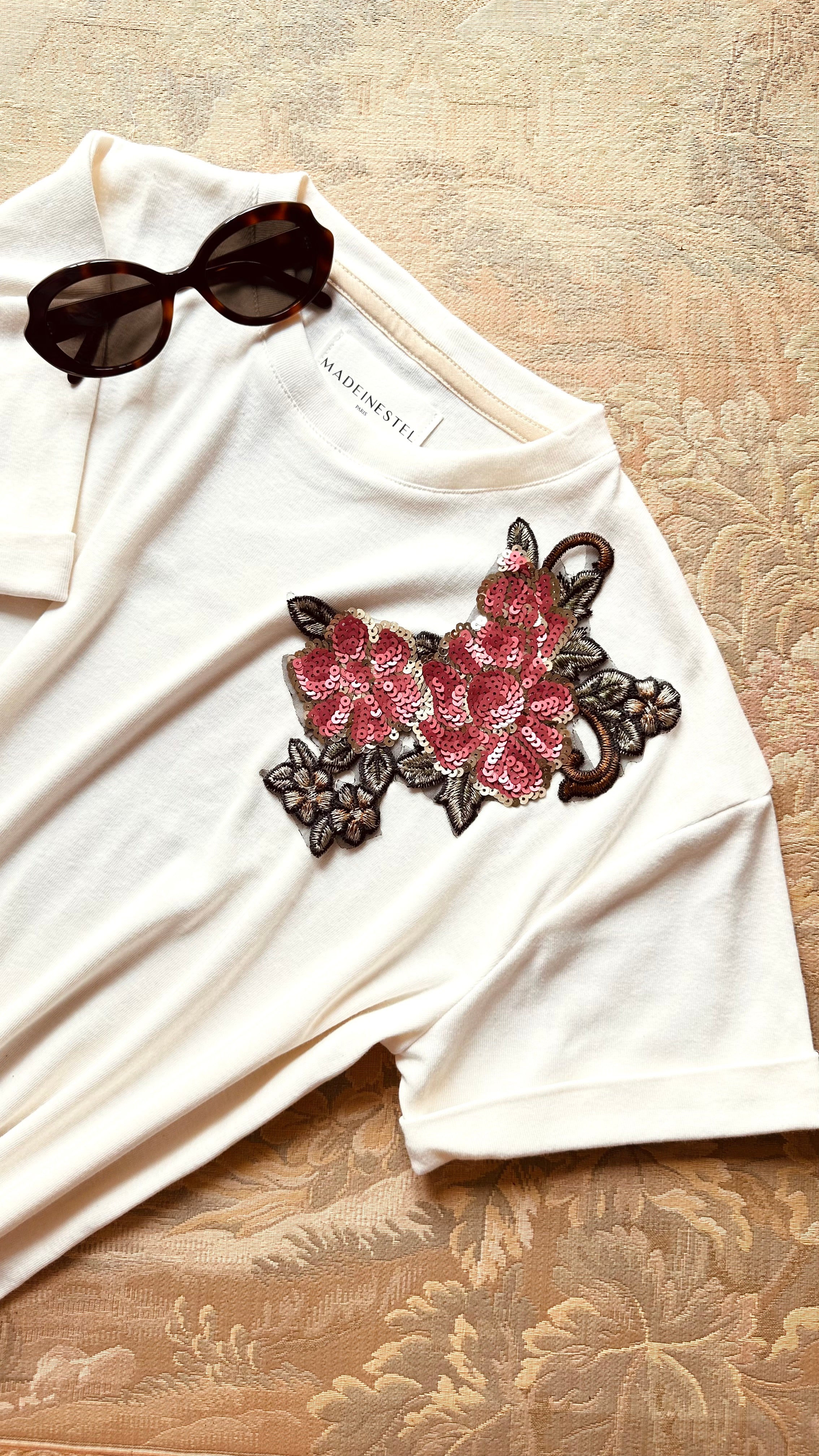 Patch broderie à coudre roses sequins MADEINESTEL