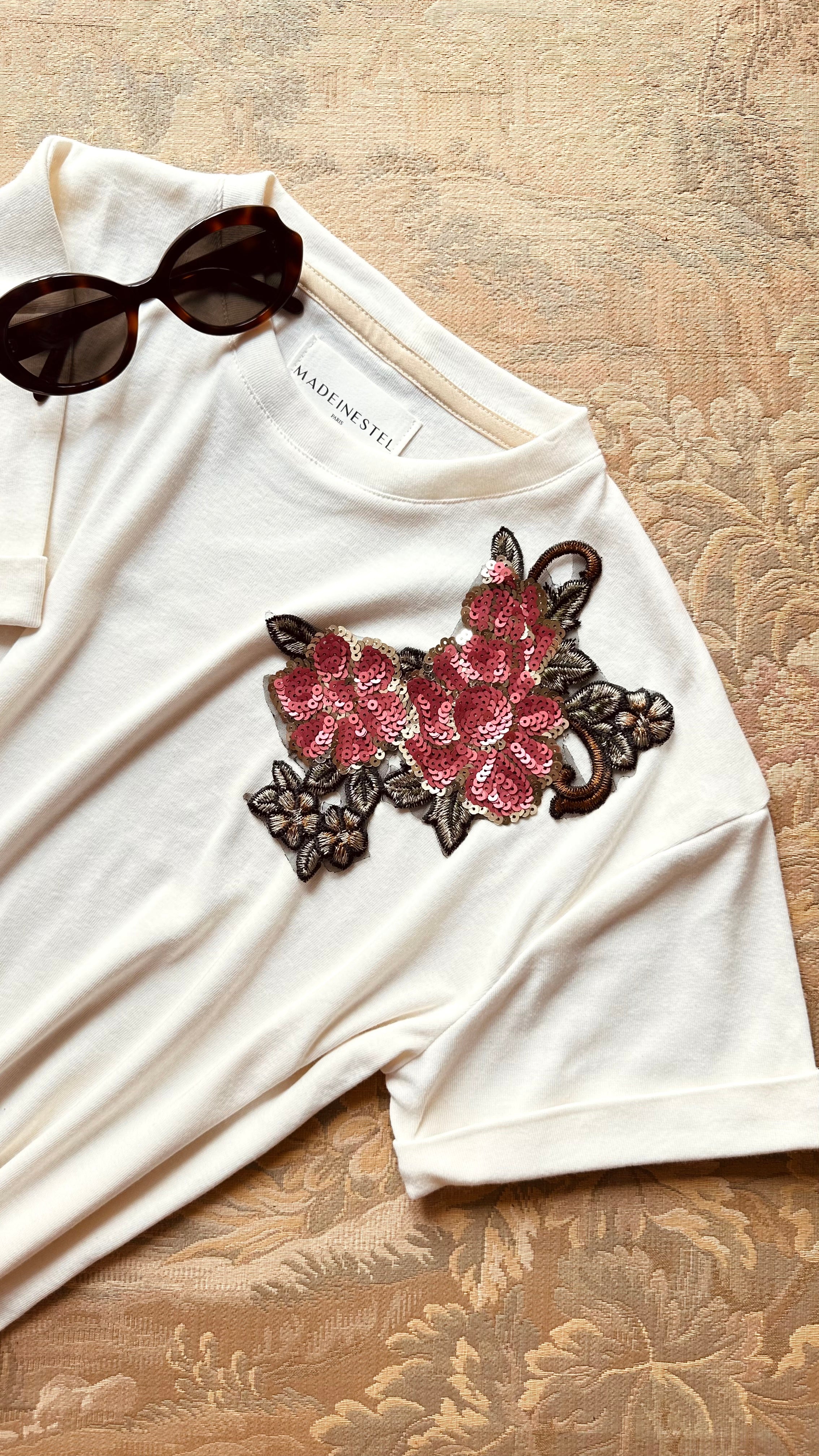 Patch broderie à coudre roses sequins MADEINESTEL